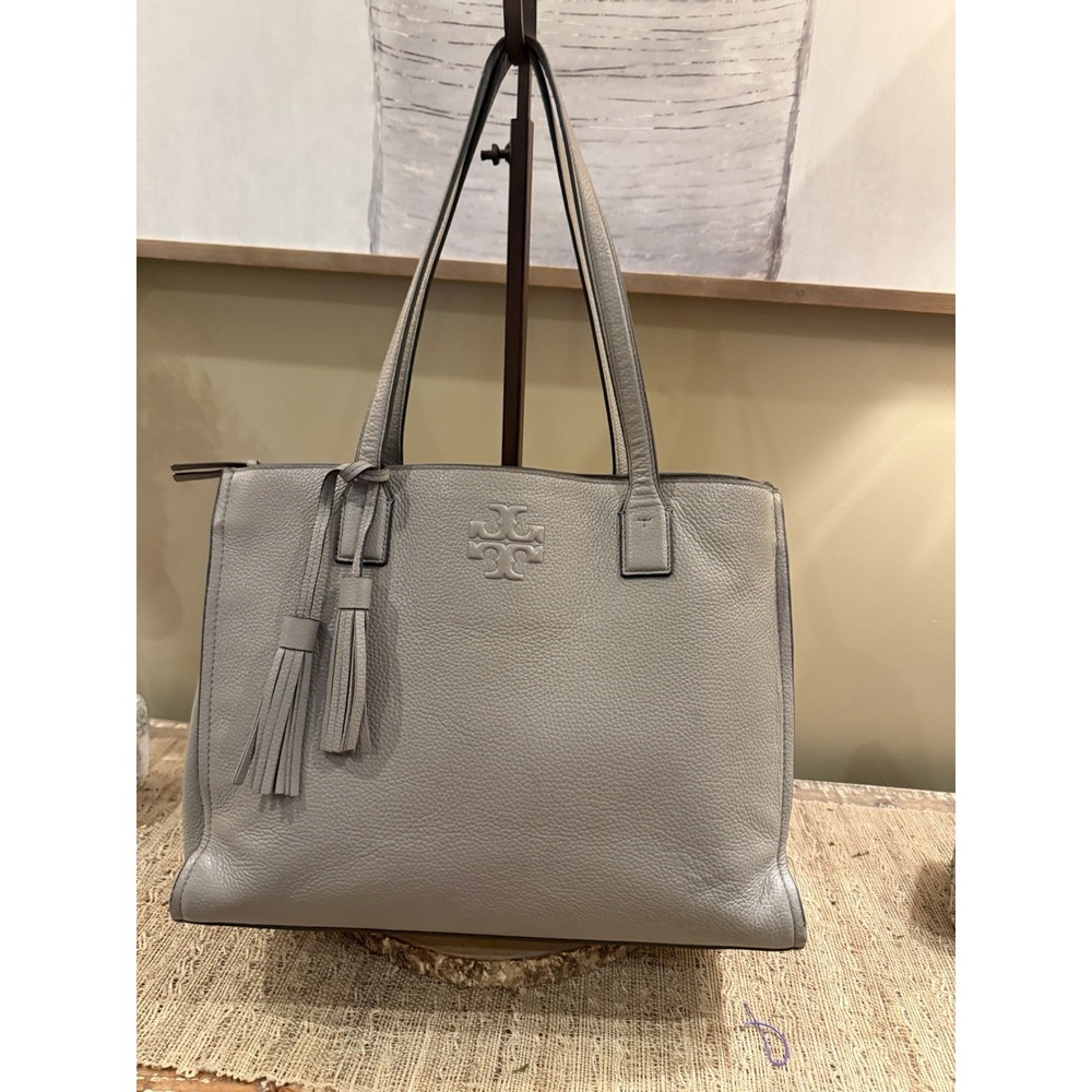 Tory Burch Thea Leather Tote Lap Top Bag‎ Triple Compartment In French Gray 698$